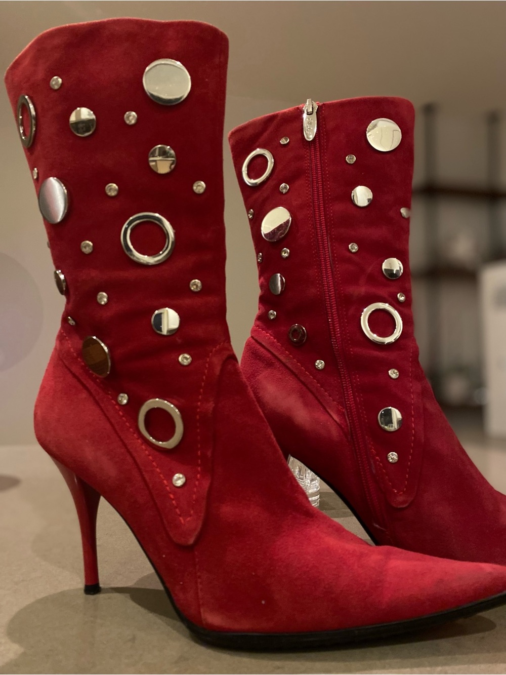 Cole Haan Red Suede Studded Mid-Calf Heeled Boots
